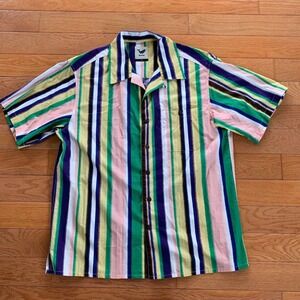 Yiume Hawaiian Shirt‎ Short Sleeve Camp Loop Collar Mens M Multicolor Striped